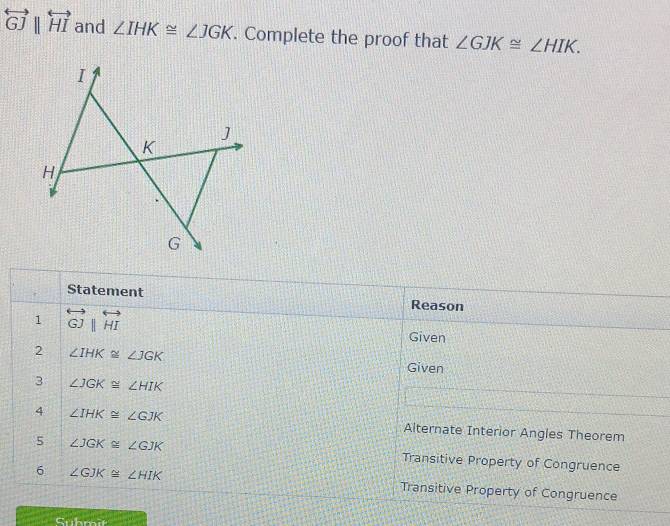 1 parallel overleftrightarrow HI and ∠ IHK≌ ∠ JGK. Complete the proof that ∠ GJK≌ ∠ HIK. 
Statement Reason 
1 overleftrightarrow GJparallel overleftrightarrow HI
Given 
2 ∠ IHK≌ ∠ JGK
Given 
3 ∠ JGK≌ ∠ HIK
4 ∠ IHK≌ ∠ GJK Alternate Interior Angles Theorem 
5 ∠ JGK≌ ∠ GJK Transitive Property of Congruence 
6 ∠ GJK≌ ∠ HIK Transitive Property of Congruence 
Sühmit