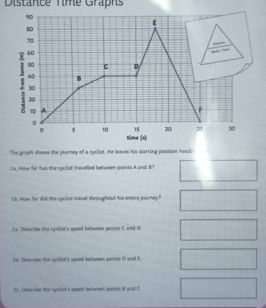 Distance Time Graphs
90
E
80
70
om
5 60
Spont a Time
50
C D
40
B
30
20
10 A F
0
0 5 10 15 20 25 30
time (s) 
The graph shows the journey of a cyclist. He leaves his starting position headir 
1a. How far has the cyclist travelled between points A and B? 
1b. How far did the cyclist travel throughout his entire journey? 
2a. Describe the cyclist's speed between points C and D. 
2b. Describe the cyclist's speed between points D and E. 
2c. Describe the cyclist's speed between points B and C.