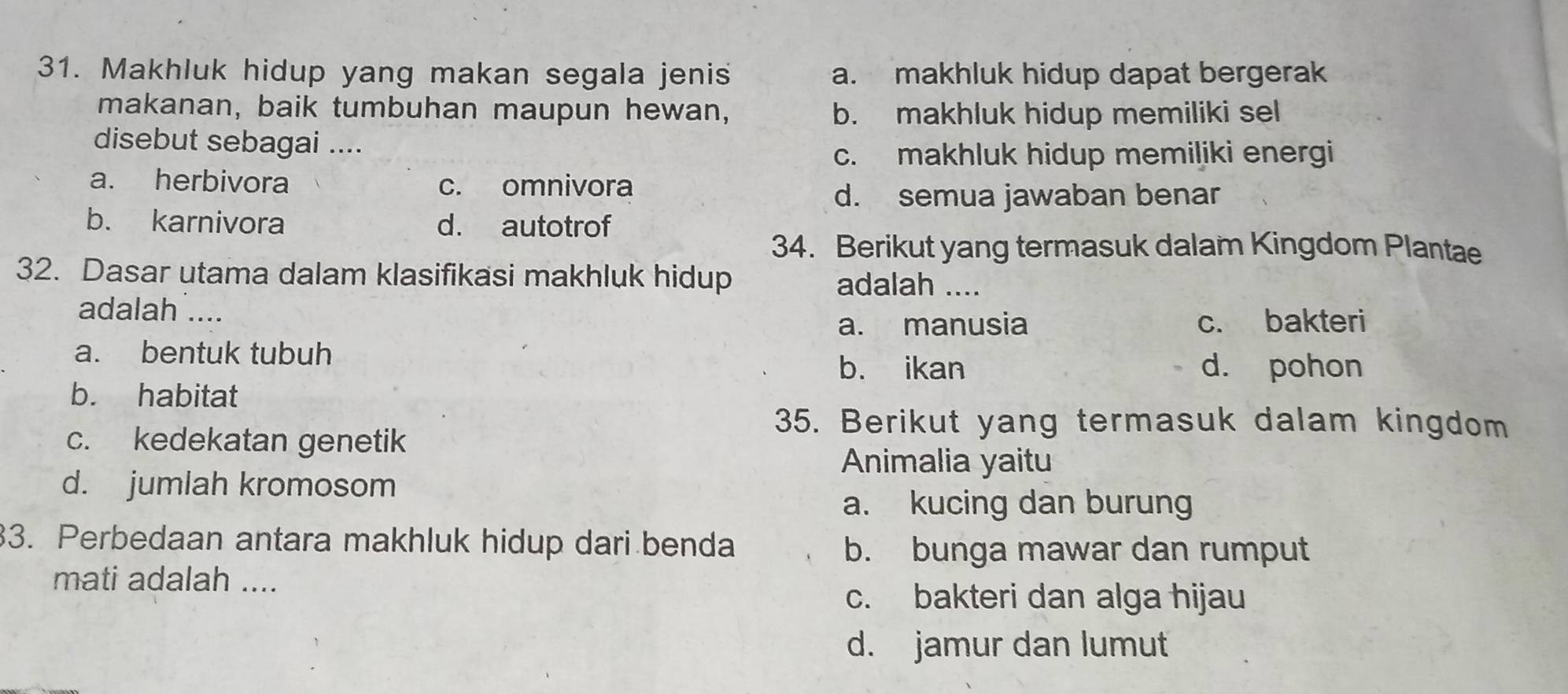 Makhluk hidup yang makan segala jenis a. makhluk hidup dapat bergerak
makanan, baik tumbuhan maupun hewan, b. makhluk hidup memiliki sel
disebut sebagai ....
c. makhluk hidup memiliki energi
a. herbivora c. omnivora
d. semua jawaban benar
b. karnivora d. autotrof
34. Berikut yang termasuk dalam Kingdom Plantae
32. Dasar utama dalam klasifikasi makhluk hidup adalah ....
adalah ....
a. manusia c. bakteri
a. bentuk tubuh
b. ikan d. pohon
b. habitat
c. kedekatan genetik
35. Berikut yang termasuk dalam kingdom
Animalia yaitu
d. jumlah kromosom
a. kucing dan burung
33. Perbedaan antara makhluk hidup dari benda
b. bunga mawar dan rumput
mati adalah ....
c. bakteri dan alga hijau
d. jamur dan lumut