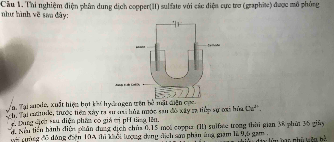 Thí nghiệm điện phân dung dịch copper(II) sulfate với các điện cực trơ (graphite) được mô phỏng 
như hình vẽ sau đây: 
a. Tại anode, xuất hiện bọt khí hydrogen trên bề mặt điện cực. 
rb. Tại cathode, trước tiên xảy ra sự oxi hóa nước sau đó xảy ra tiếp sự oxi hóa Cu^(2+). 
e. Dung dịch sau điện phân có giá trị pH tăng lên. 
d. Nếu tiến hành điện phân dung dịch chứa 0,15 mol copper (II) sulfate trong thời gian 38 phút 36 giây 
với cường độ dòng điện 10A thì khối lượng dung dịch sau phản ứng giảm là 9, 6 gam . 
iầu dày lớp bạc phủ trên bề