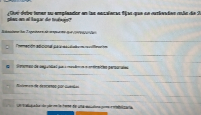 ¿Qué debe tener su empleador en las escaleras fijas que se extienden más de 2
pies en el lugar de trabajo?
Sellessione les 2 apiones de respuestía que carrespandán
Formación adicional gara escaladores cualificados
Sisteras de seguridad para escaleras o anticaídas personales
I Ssterras de descerso por cuerías
Un trabajador de pie em la base de una escalera para estabilizaría.