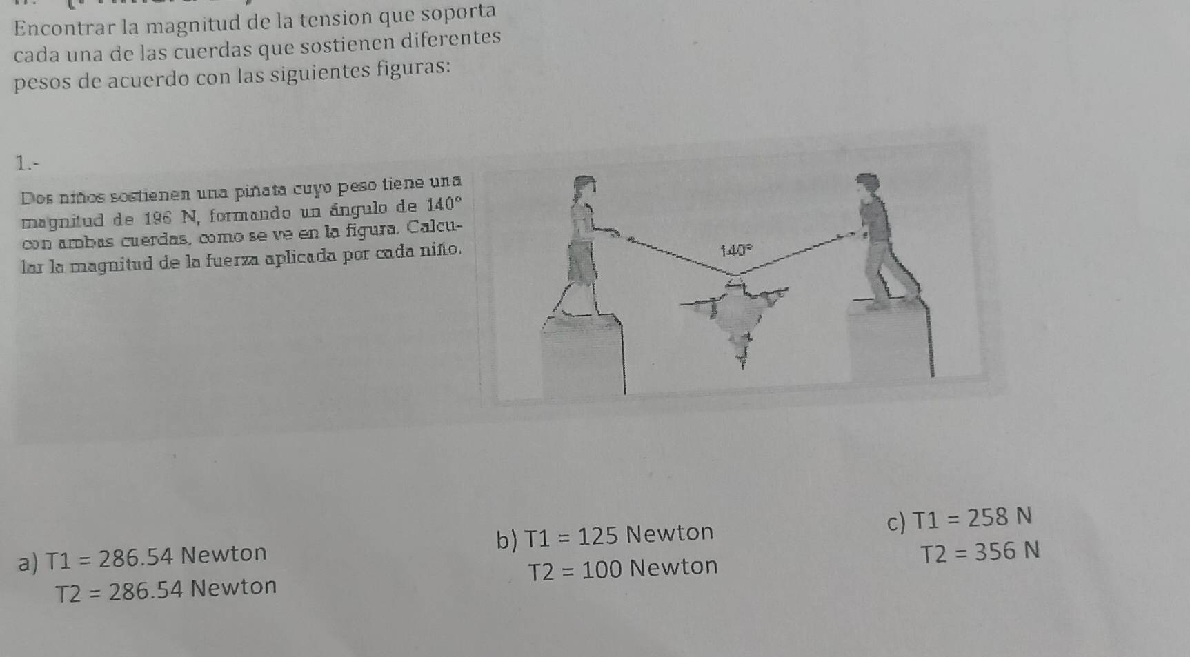 Encontrar la magnitud de la tension que soporta
cada una de las cuerdas que sostienen diferentes
pesos de acuerdo con las siguientes figuras:
1.-
Dos niños sostienen una piñata cuyo peso tiene una
magnitud de 196 N, formando un ángulo de 140°
con ambás cuerdas, como se ve en la figura, Calcu-
lar la magnitud de la fuerza aplicada por cada niño.
a) T1=286.54 Newton b) T1=125 Newton c) T1=258N
T2=100 Newton
T2=356N
T2=286.54 Newton