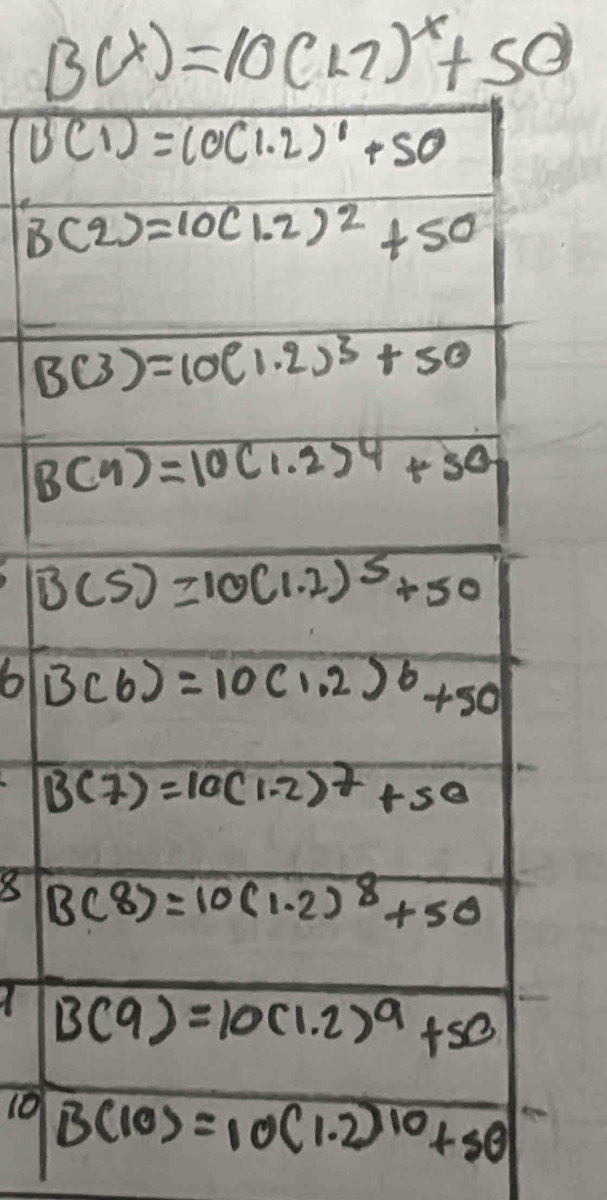 B(x)=10(17)^x+50
6o 
8 
10