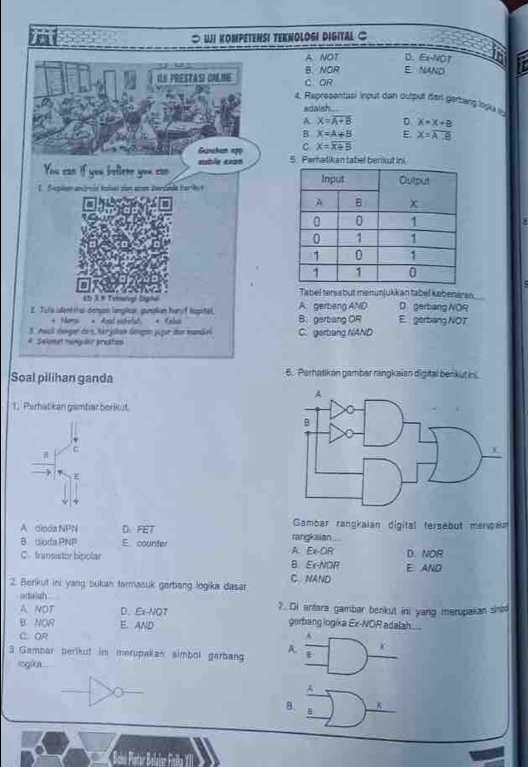 WI KOMPETENSI TEKNOLOGI DIGITAL ∞
A NOT D. Ex-NOT
IUI PRESTASI ONLINE B. NOR E. NAND
C OR
4. Representasi input dan output dan gersang logia ln
adalsh
A X=overline A+B D. X=X+B
B X=A+B E. X=overline A.B
Guncher app C x=overline x+B
You can if you beltere you can suôile expn 5. Peratikan tabel berkut ini
1ficplion andrcid talet don acom barcide harkrt 

. - 
η Tabel tersabut menunjukkan tabel kabenaran.
85 3.# Tematal bignal D gerbang NOR
Z. Tels identitas-donços lenglop, gunalian Juryf Kapitel. B.gerbang OR A. gerbeng AND E. gerbang NOT
*Moms - Anad setelah * Celas
3. Awell leger do n kkr jokan Gengen jugur dan mandrl
# Selomet menguie preaton C. gerbang NAND
Soal pilihan ganda 6. Perhatikan gamber rangkaian digital benkutini.
1. Parhatikan gambar berikut.
:
→
Gambar rangkaian digital tersebut merpas
A dioda NPN D FET rargkaian...
B. gioda PNP E. counter
A Ex-C 
C. fransistor bipolar B. Ex-NOR E. AND D. NOR
2. Berkut ini yang bukan tarmasuk gerbang logika dasar C. NAND
adwish
ANOT D、 Ex-NOT ?. Di antara gambar benkut ini yang merupakan sinod
B. NOR E. AND
gerhang logika Ex-NOR adalah...
C. OR
3 Gambar berlkut im merupakan simbol garbang A. _+
ingika .
A
B.
__