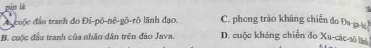 pín là
A cuộc đầu tranh do Đi-pô-nê-gô-rô lãnh đạo. C. phong trào kháng chiến do Đa-gak
B. cuộc đấu tranh của nhân dân trên đảo Java. D. cuộc kháng chiến do Xu-các-nô lãnh