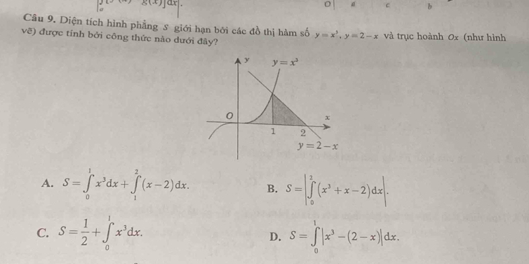 ∴ g(x)]dx
c b
Câu 9. Diện tích hình phẳng S giới hạn bởi các đồ thị hàm số y=x^3,y=2-x
về) được tính bởi công thức nào dưới đây? và trục hoành 0x (như hình
A. S=∈tlimits _0^(1x^3)dx+∈tlimits _1^(2(x-2)dx. B. S=|∈tlimits _0^2(x^3)+x-2)dx|.
C. S= 1/2 +∈tlimits _0^(1x^3)dx. D. S=∈tlimits _0^(1|x^3)-(2-x)|dx.