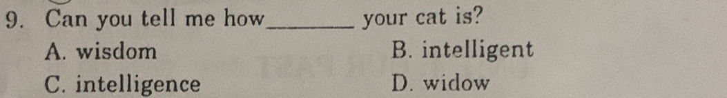Can you tell me how_ your cat is?
A. wisdom B. intelligent
C. intelligence D. widow