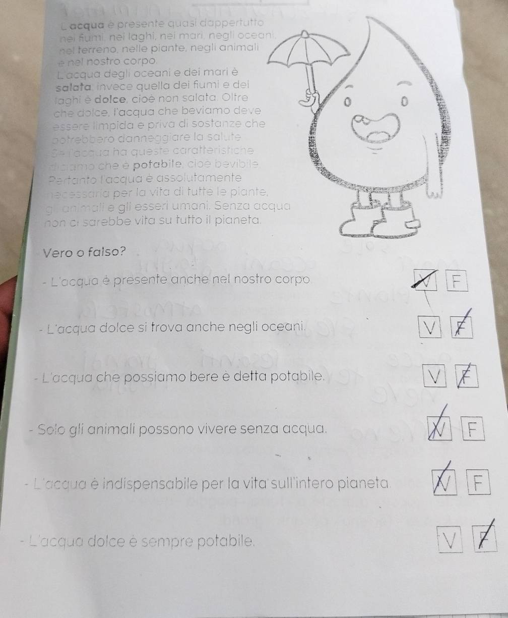 acqua é presente quasí dappertutt 
nei fumi, nei laghi, nei mari, negli oce 
nel terreno, nelle piante, negli animali 
e nel nostro corpo. 
L'acqua degli oceani e dei mari è 
salata: invece quella dei fiumi e dei 
aghi è doice, cioè non salata. Oltre 
che dolce, l'acqua che beviamo deve 
essère limpida e priva di sostanze ch 
botrebbero danneggiare la salute 
Se lacqua ha queste carätteristiche 
diciamo che é pofabile, cioè bevibile 
Pertanto l'acqua è assolutamente 
necessaria per la vita di tutte le piant 
gli animali e gli esseri umani. Senza a 
non ci sarebbe vita su tutto il pianeta 
Vero o falso? 
- L'acqua è presente anche nel nostro corpo F 
- L'acqua dolce si trova anche negli oceani. 
- L'acqua che possiamo bere è detta potabile. 
- Solo gli animali possono vivere senza acqua. 
- L'acqua è indispensabile per la vita sull'intero pianeta. 
- L'acqua dolce è sempre potabile.