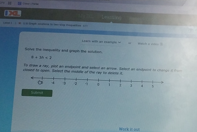 Cuever | Portal 
Learning 
Level I U.8 Graph solutions to two-step inequalities 6TT 
Learn with an example or Watch a video ⑤ 
Solve the inequality and graph the solution.
8+3h<2</tex> 
To draw a ray, plot an endpoint and select an arrow. Select an endpoint to change it from 
closed to open. Select the middle of the ray to delete it. 
Submit 
Work it out