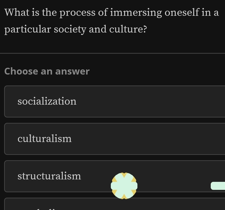 What is the process of immersing oneself in a
particular society and culture?
Choose an answer
socialization
culturalism
structuralism