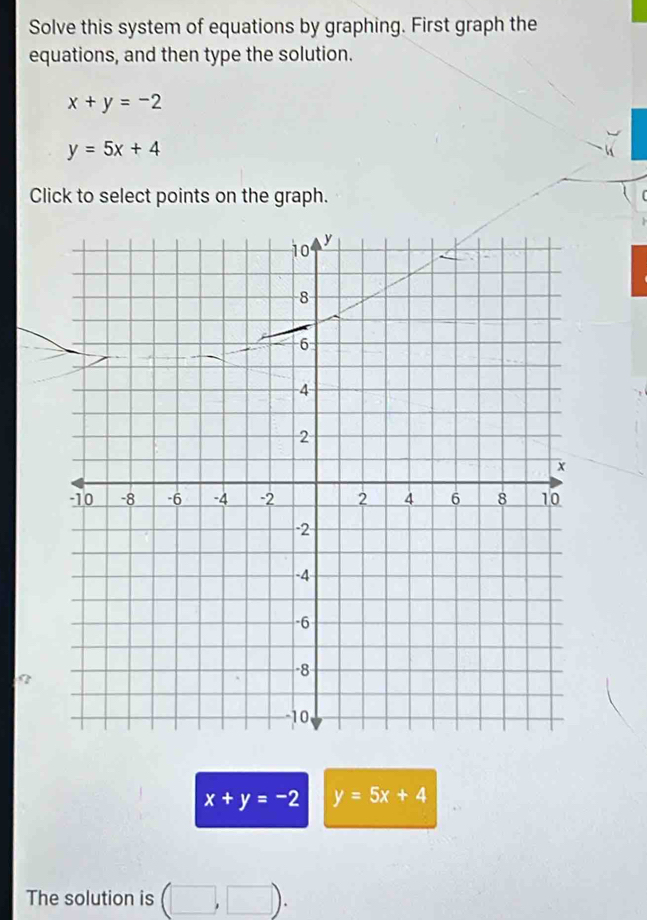 Solve this system of equations by graphing. First graph the 
equations, and then type the solution.
x+y=-2
y=5x+4
Click to select points on the graph. 
?
x+y=-2 y=5x+4
The solution is (□ ,□ ).