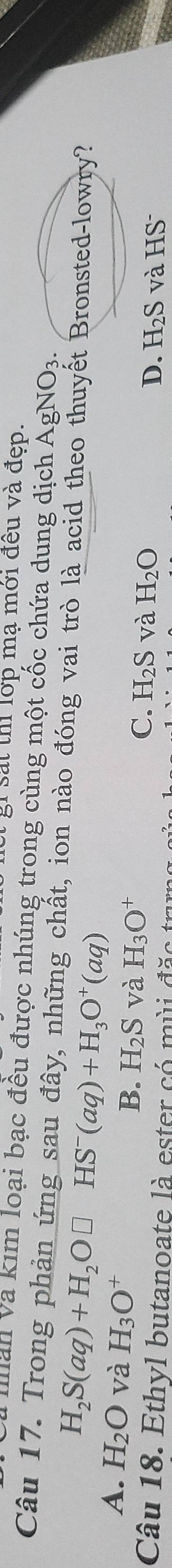 gi sát thi lớp mạ mới đều và đẹp.
Man va kim loại bạc đều được nhúng trong cùng một cốc chứa dung dịch AgNO_3. 
Câu 17. Trong phản ứng sau đây, những chất, ion nào đóng vai trò là acid theo thuyết Bronsted-lowry?
H_2S(aq)+H_2O□ HS^-(aq)+H_3O^+(aq)
A. H_2O và H_3O^+ B. H_2S và H_3O^+
C. H_2S và H_2O D. H_2S và HS^-
Câu 18. Ethyl butanoate là ester có mùi đặc trị