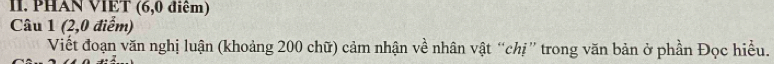 PHAN VIET (6,0 điểm) 
Câu 1 (2,0 điểm) 
Viết đoạn văn nghị luận (khoảng 200 chữ) cảm nhận về nhân vật “chị” trong văn bản ở phần Đọc hiều.