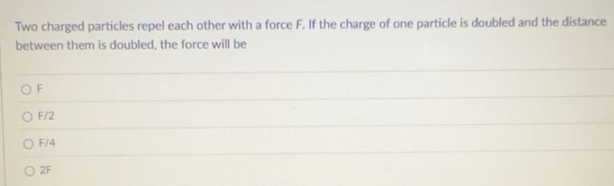 Solved: Two charged particles repel each other with a force F. If the ...