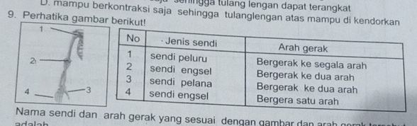 seningga tulang lengan dapat terangkat
D. mampu berkontraksi saja sehingga tulanglengan atas mampu di kendorkan
9. Perhatika gambaberikut!
Nama sendi da arah gerak yang sesuai dengan gambar dan ar