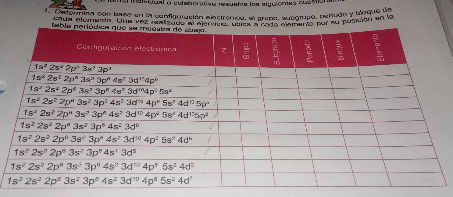 ma individual o colaborativa resuelva los siguientes cuestion
1. Determina con base en la configuración electrónica, el grupo. subgrupo, período y bloque de
cada elemento. Una vez realizadr su posición en la