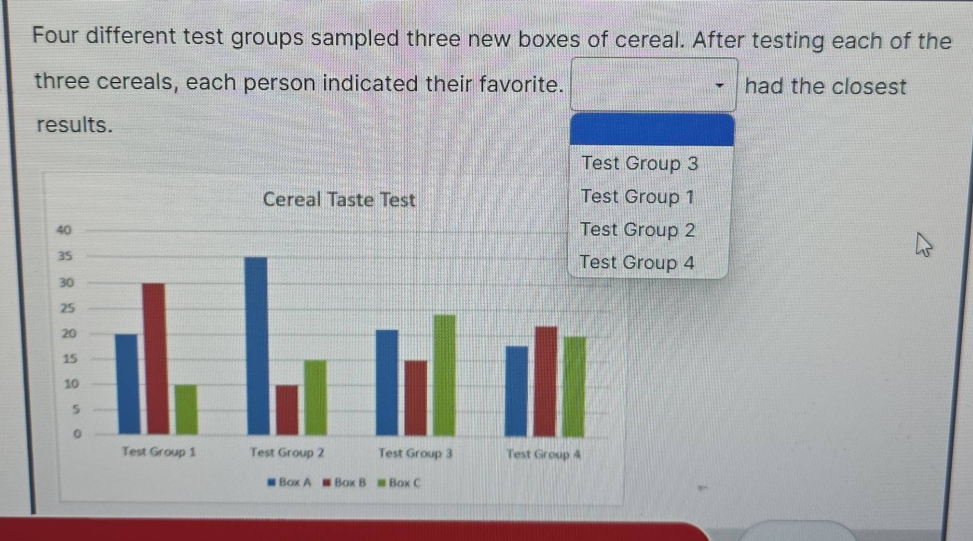 Solved: Four different test groups sampled three new boxes of cereal ...