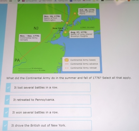 hạng gamg
Wect all that apply.
It lost several battles in a row.
It retreated to Pennsylvania.
It won several battles in a row.
It drove the British out of New York.
