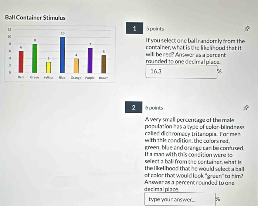 1 
5 points 
If you select one ball randomly from the 
container, what is the likelihood that it 
will be red? Answer as a percent 
rounded to one decimal place.
16.3 %
2 6 points 
A very small percentage of the male 
population has a type of color-blindness 
called dichromacy tritanopia. For men 
with this condition, the colors red, 
green, blue and orange can be confused. 
If a man with this condition were to 
select a ball from the container, what is 
the likelihood that he would select a ball 
of color that would look "green" to him? 
Answer as a percent rounded to one 
decimal place. 
type your answer... %