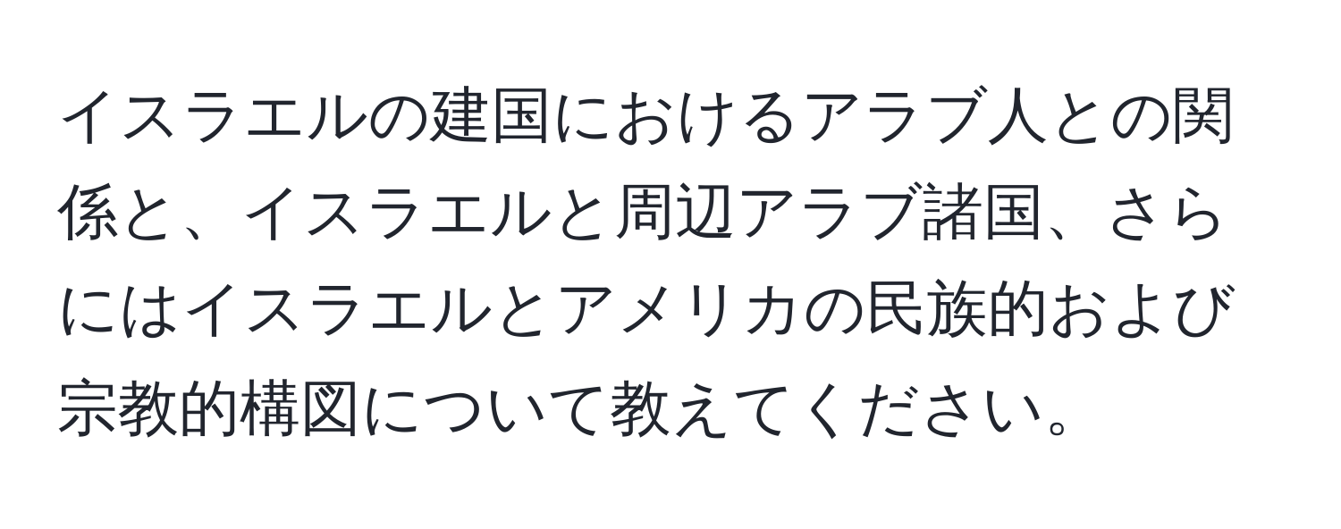 イスラエルの建国におけるアラブ人との関係と、イスラエルと周辺アラブ諸国、さらにはイスラエルとアメリカの民族的および宗教的構図について教えてください。