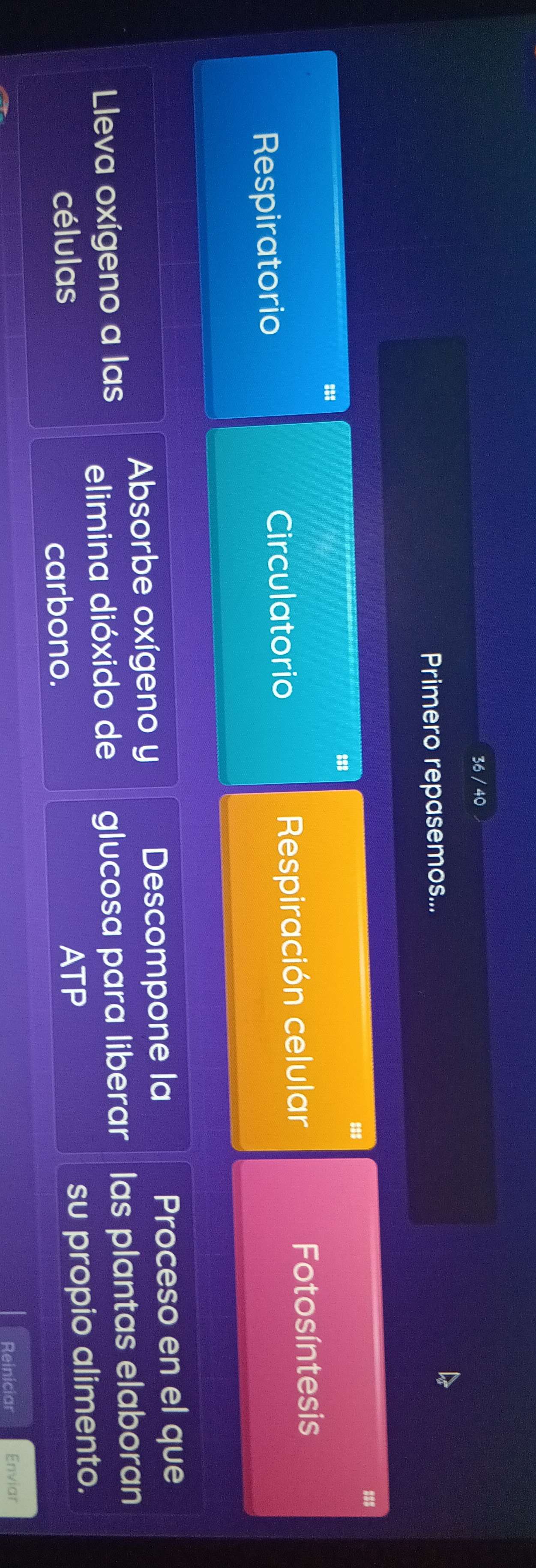 36 / 40
Primero repasemos...
888
Respiratorio Circulatorio Respiración celular Fotosíntesis
Absorbe oxígeno y Descompone la Proceso en el que
Lleva oxígeno a las elimina dióxido de glucosa para liberar las plantas elaboran
carbono. su propio alimento.
células ATP
Reiniciar Enviar