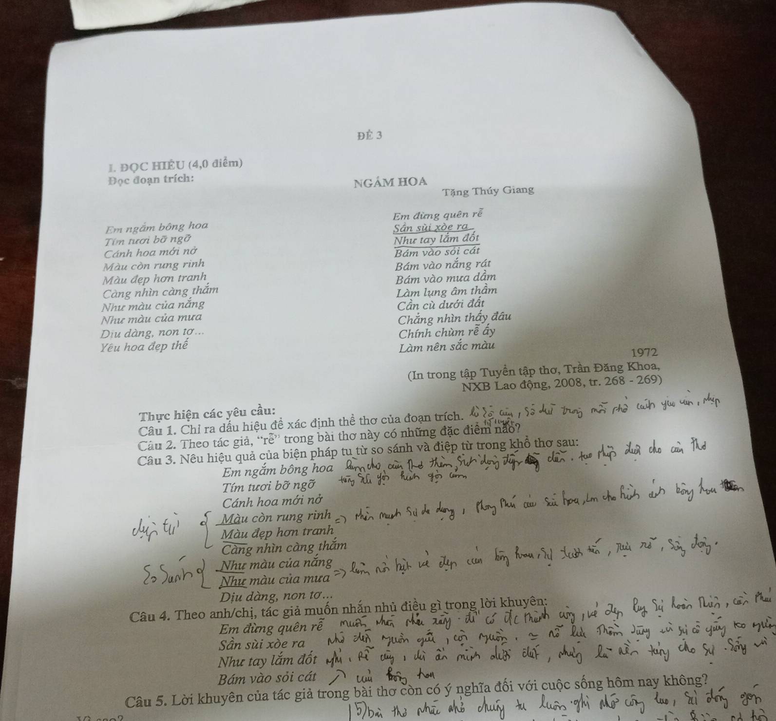 ĐÉ 3
1. ĐQC HIÊU (4,0 điểm)
Đọc đoạn trích:
NGÁM HOA
Tặng Thúy Giang
Em ngắm bông hoa Em đừng quên rễ
Sân sùi xòe ra
Tím tươi bỡ ngỡ
Cánh hoa mới nở Như tay lắm đốt
Bám vào sỏi cát
Màu còn rung rinh
Màu đẹp hơn tranh Bám vào nắng rát
Càng nhìn càng thắm Bám vào mua dầm
Như màu của nắng Làm lụng âm thầm
Như màu của mưa Cần cù dưới đất
Dịu dàng, non tơ... Chẳng nhìn thấy đầu
Chính chùm rễ ấy
Yêu hoa đẹp thế Làm nên sắc màu
1972
(In trong tập Tuyền tập thơ, Trần Đăng Khoa,
NXB Lao động, 2008, tr. 268 - 269)
Thực hiện các yêu cầu:
Câu 1. Chỉ ra dấu hiệu đề xác định thể thơ của đoạn trích.
Cầu 2. Theo tác giả, “rễ” trong bài thơ này có những đặc điểm não?
Câu 3. Nêu hiệu quả của biện pháp tu từ so sánh và điệp từ trong khổ thơ sau:
Em ngắm bông hoa
Tím tươi bỡ ngỡ
Cánh hoa mới nở
Màu còn rung rinh
Màu đẹp hơn tranh
Càng nhìn càng thắm
Như màu của nắng
Như màu của mưa
Dịu dàng, non tơ...
Câu 4. Theo anh/chị, tác giả muốn nhắn nhủ điều gì trong lời khuyên:
Em đừng quên
Sần sùi xòe ra
Như tay lắm đốt
Bám vào sỏi cát
Câu 5. Lời khuyên của tác giả trong bài thơ còn có ý nghị