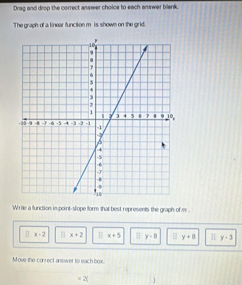 Drag and drop the correct answer choice to each answer blank.
The graph of a linear function m is shown on the grid.
Write a function in point-slope form that best represents the graph of m.
x-2 x+2 frac  1/4  x+5 frac 1 y-8;; y+8 y-3
Move the correct answer to each box.
=2()