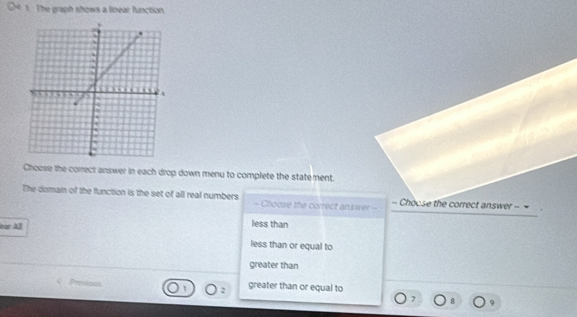 The graph shows a linear function
Choose the correct answer in each drop down menu to complete the statement.
The domain of the function is the set of all real numbers - Choose the correct answer - =
- Choose the correct answer -
lear All
less than
less than or equal to
greater than
Poetioes 2 greater than or equal to
7 8