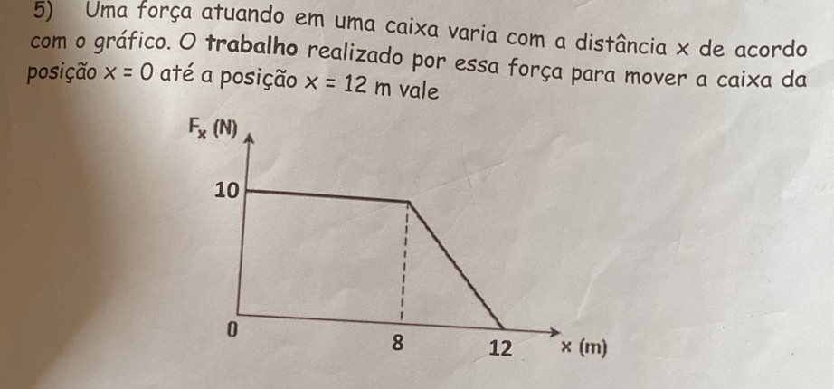 Uma força atuando em uma caixa varia com a distância x de acordo
com o gráfico. O trabalho realizado por essa força para mover a caixa da
posição x=0 até a posição x=12m vale