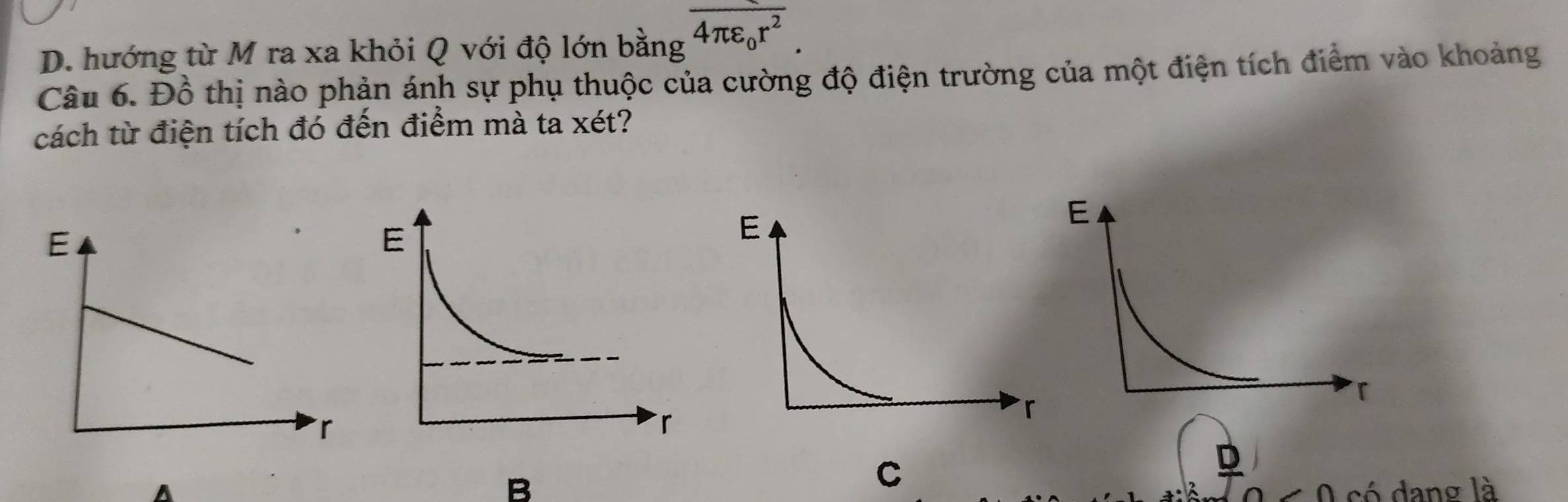 D. hướng từ M ra xa khỏi Q với độ lớn bằng overline 4π varepsilon _0r^2. 
Câu 6. Đồ thị nào phản ánh sự phụ thuộc của cường độ điện trường của một điện tích điểm vào khoảng
cách từ điện tích đó đến điểm mà ta xét?
A
C
B có dang là