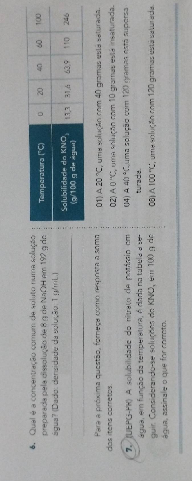 Qual é a concentração comum de soluto numa solução
preparada pela dissolução de 8 g de NaOH em 192 g d
água? (Dado: densidade da solução: 1 g/mL.)
_
_
Para a próxima questão, forneça como resposta a soma 01) A 20°C , uma solução com 40 gramas está saturada.
dos itens corretos.
02) A0°C , uma solução com 10 gramas está insaturada.
7 (UEPG-PR) A solubilidade do nitrato de potássio em 04) A 40°C ,uma solução com 120 gramas está supersa-
água, em função da temperatura, é dada na tabela a se-
turada.
guir. Considerando-se soluções de KNO_3 em 100 g de 08) A100°C , uma solução com 120 gramas está saturada.
água, assinale o que for correto.