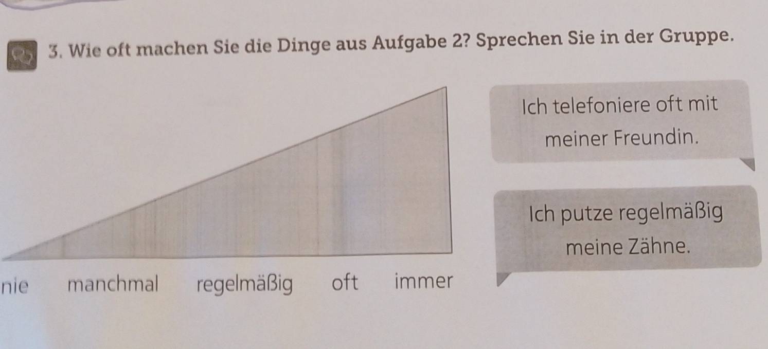 Wie oft machen Sie die Dinge aus Aufgabe 2? Sprechen Sie in der Gruppe. 
Ich telefoniere oft mit 
meiner Freundin. 
Ich putze regelmäßig 
meine Zähne.