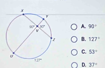 A. 90°
B. 127°
C. 53°
D. 37°