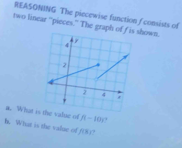 REASONING The piecewise function fconsists of 
two linear “pieces.” The graph of fshown. 
a. What i value of f(-10) 7 
b. What is the value of f(8) a