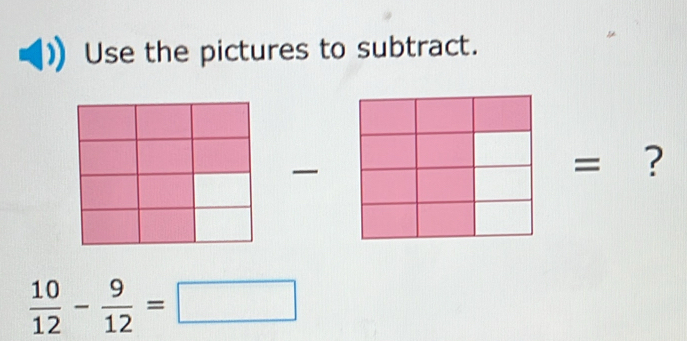 Use the pictures to subtract. 
= ?
 10/12 - 9/12 =□