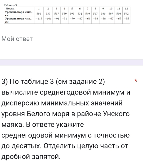 Moй otbet 
3) По таблице З (см задание 2) * 
Βычислите среднегодовой минимум и 
дисперсию минимальных значений 
уровня Белого моря в районе Унского 
маяка. В ответе укажите 
среднегодовой минимум с Τочностыю 
до десятыΙх. Отделить целую часть от 
дробной заπятой.