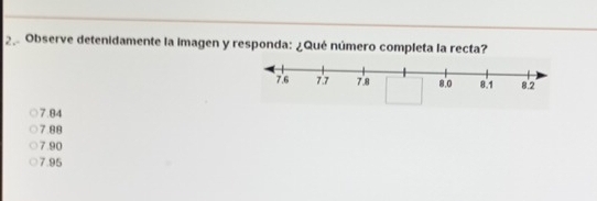 Observe detenidamente la imagen y responda: ¿Qué número completa la recta?
7.84
7.88
7.90
7.95