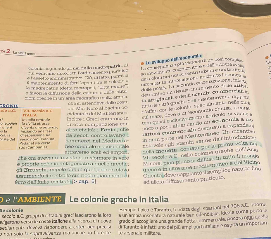 tà 2 La civiltà greca
Lo sviluppo dell’economia
Le conseguenze più vistose di un così comples
D
colonia seguendo gli usi della madrepatria, di
so movimento colonizzatore e dell´attività svolta
cui venivano riprodotti l'ordinamento giuridico n
dai coloni nei nuovi centri urbani e nel territori
C
e l’assetto amministrativo. Ciò, di fatto, permise
circostante interessarono anzitutto l'economia
il mantenimento di forti legami tra le colonie e
delle pòleis. La seconda colonizzazione, infatti,
la madrepatria (detta metropoli, “città madre”)
determinò un deciso incremento delle attivi 
e favorì la diffusione della cultura e delle istitu-
zioni greche in un'area geografica molto ampia,
Cche si estendeva dalle coste tà artigianali e degli scambi commerciali in
tutte le città greche che mantenevano rapporti
d'affari con le colonie, specialmente nelle citt
:oel Mar Nero al bacino oc-
identale del Mediterraneo.
sinoltre i Greci entrarono in sul mare, dove a un’economia chiusa, a carat-
oiretta competizione con tere quasi esclusivamente agricolo, si venne a
i ltre civiltà: i Fenici, che poco a poco affiancando un'economia a ca
cia secoli controllavano i rattere commerciale destinata a espandersi
º
coommerci nel Mediterra- in gran parte del Mediterraneo. Un incentivo
eo orientale e occidentale notevole agli scambi venne dall’introduzione
traverso scali ed empori, della moneta: coniata per la prima volta nel
che ora avevano iniziato a trasformare in vere VII secolo a.C. nelle colonie greche dell'Asia
e proprie colonie antagoniste a quelle greche; Minore, pian piano si diffuse in tutto il mondo
gli Etruschi, popolo che in quel periodo stava greco e in altre aree mediterranee e del Vicino
assumendo il controllo sui ricchi giacimenti di Oriente, dove soppiantò il semplice baratto fino
ferro dell’Italia centrale [> cap. 5].
ad allora diffusamente praticato.
e I'. AMBIENTE Le colonie greche in Italia
Île colonie
esempio tipico è Taranto, fondata dagli spartani nel 706 a.C. intorno
secolo a.C. gruppi di cittadini greci lasciarono la loro a un’ampia insenatura naturale ben difendibile, ideale come porto in
avigarono verso le coste italiche alla ricerca di nuove grado di accogliere una grande flotta commerciale. Ancora oggi quello
sediamento doveva rispondere a criteri ben precisi di Taranto è infatti uno dei più ampi porti italiani e ospita un importan-
o non solo la sopravvivenza ma anche un fiorente te arsenale militare.