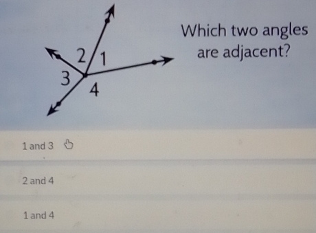 Which two angles
are adjacent?
1 and 3
2 and 4
1 and 4