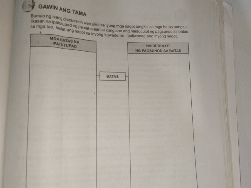 GAWIN ANG TAMA 
Bumuo ng isang discussion web ukol sa iyong mga sagot tungkol sa mga batas pangka. 
likasan na ipatutupad ng pamahalaan at kung ano ang naidudulot no pagsunod sa batas 
sa mga tao. Isuiat ang sagot sa inyong kuwaderno. Ipaliwanag ang inyong sagot, 
MGA BATAS NA IPATUTUPAD 
NAIDUDULOT 
NG PAGSUNOD SA BATAS 
BATAS