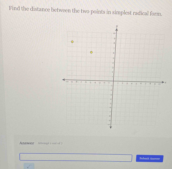 Find the distance between the two points in simplest radical form. 
Answer Attempt 1 out of 7 
Submit Answer 
sqrt()