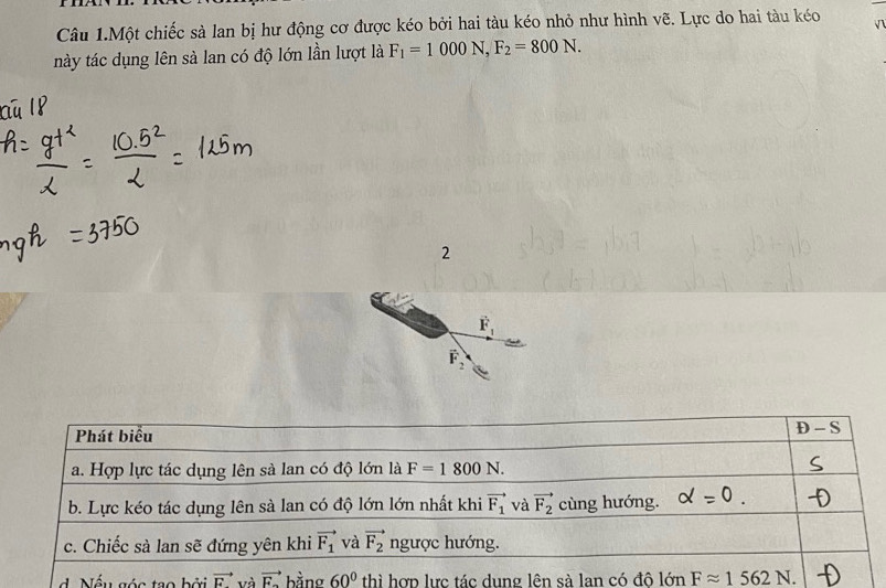 Câu 1.Một chiếc sà lan bị hư động cơ được kéo bởi hai tàu kéo nhỏ như hình vẽ. Lực do hai tàu kéo
này tác dụng lên sà lan có độ lớn lần lượt là F_1=1000N,F_2=800N.
2
vector F_1
vector F_2
d  ếu góc tạo bởi vector F và  bằng 60° thì hợp lực tác dụng lên sà lan có đô lớn