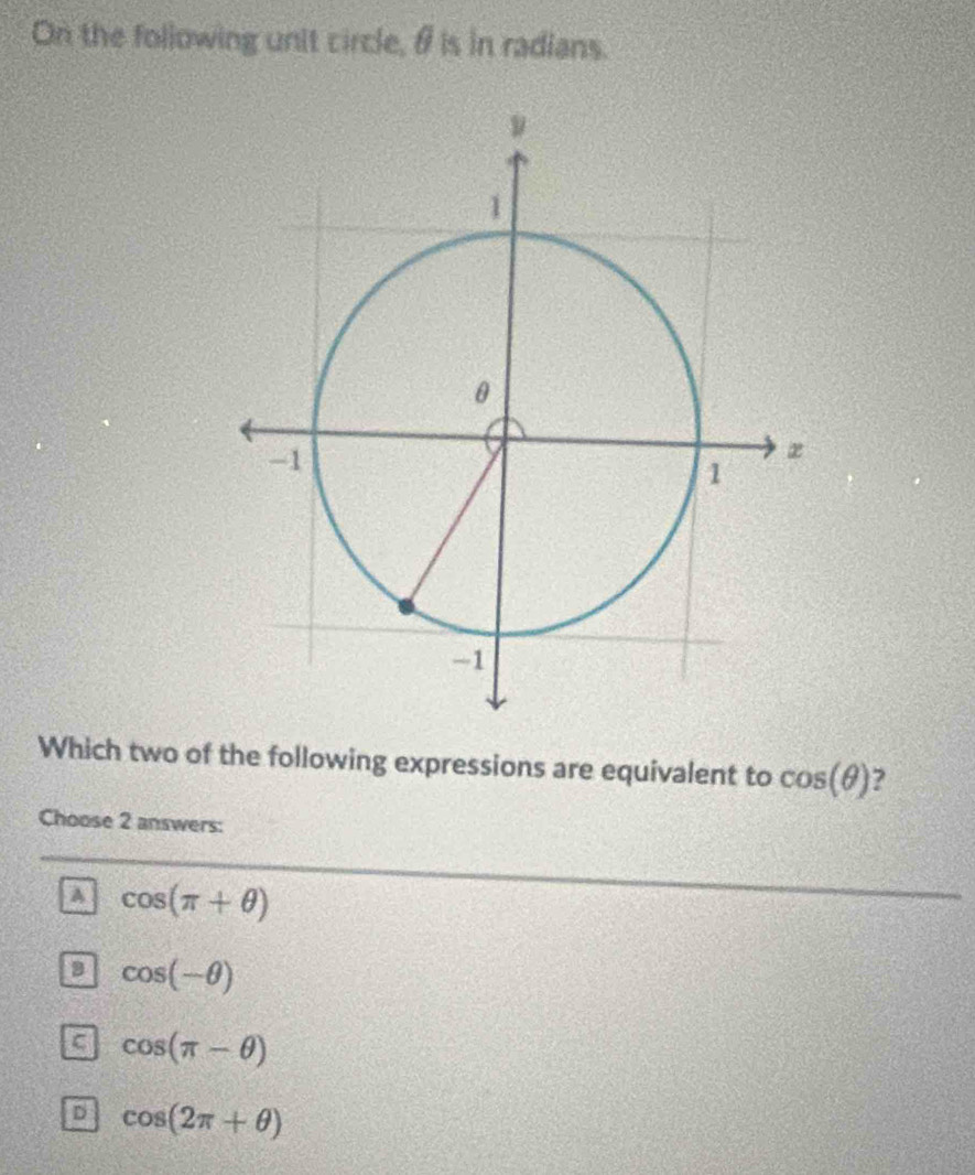 On the following unit circle, θ is in radians.
Which two of the following expressions are equivalent to cos (θ )
Choose 2 answers:
a cos (π +θ )
B cos (-θ )
cos (π -θ )
D cos (2π +θ )