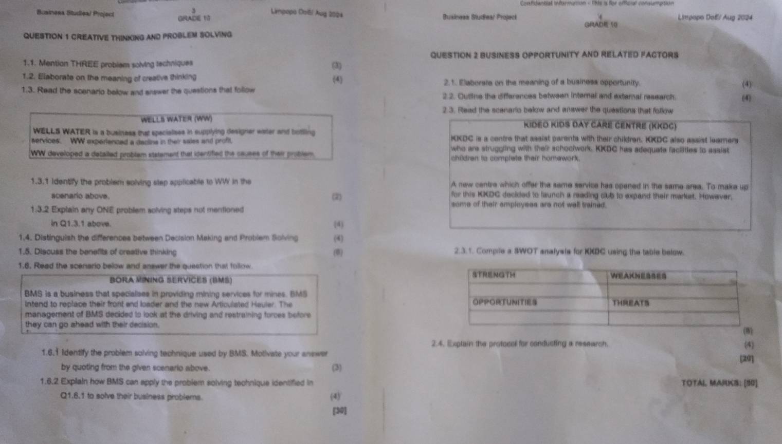 Limpopo Oob/ Aug 2024
Businesa Studiea/ Project Busineas Studleal Project Limpopo Doë/ Aug 2024
GRADE 10
GRAD 10
QUESTION 1 CREATIVE THINKING AND PROBLEM SOLVING
QUESTION 2 BUSINESS OPPORTUNITY AND RELATED FACTORS
1.1. Mention THREE probiem solving techniques (3)
1.2. Elaborate on the meaning of creative thinking (4) 2. 1. Elaborste on the meaning of a business opportunity.
(4)
1.3. Read the scenario below and enswer the questions that follow
2.2. Outtine the differences between internal and external research. (4
2.3. Read the scenario below and answer the questions that follow
Kideo KIdS DAy CArE CENTRe (KKDC)
KXDC is a centre that assist parents with their children. KKDC also assist leamers
who are struggling with their schoolwork. KKDC has adequate faciities to assist
childran to complete their homework.
1.3.1 identify the problem solving step applicable to WW in the A new centre which offer the same service has opened in the same area. To make up
acenario above (2) for this KKDC decided to launch a reading club to expand their market. However,
some of their employees are not well trained.
1.3.2 Explain any ONE problem solving steps not mentioned
In Q1.3.1 above (4)
1,4. Distinguish the differences between Decision Making and Probiem Solving (4)
1.5. Discuss the benefits of creative thinking (0) 2.3.1. Compile a SWOT analysis for KXDC using the table below.
1.6. Read the scenario below and answer the question that follow. 
BORA MINING SERVICES (BMS) 
BMS is a business that specialises in providing mining services for mines. BMS
Intend to replace their front and loader and the new Articulated Heuler. The 
management of BMS decided to look at the driving and restraining forces before
they can go ahead with their decision.
2.4. Explain the protocol for conducting a research. (4)
1.6.1 Identify the problem solving technique used by BMS. Motivate your answer
[20]
by quoting from the given scenario above. (3)
1.6.2 Explain how BMS can apply the problem solving technique identified in TOTAL MARKS:[50]
Q1.6.1 to solve their business problems. (4)
[30]