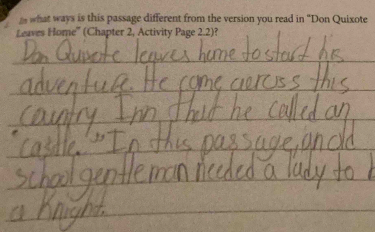 as what ways is this passage different from the version you read in “Don Quixote 
Leaves Home'' (Chapter 2, Activity Page 2.2)? 
_ 
_ 
_ 
_ 
_ 
_