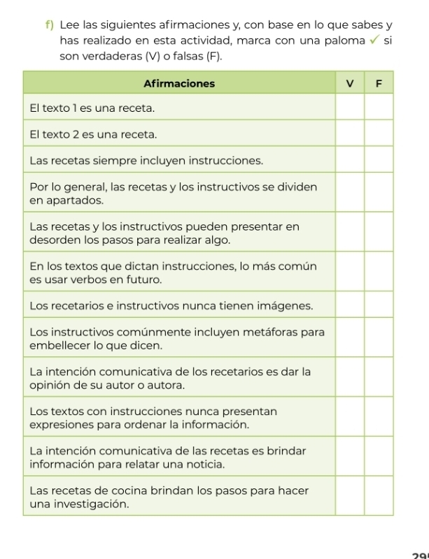 Lee las siguientes afirmaciones y, con base en lo que sabes y 
has realizado en esta actividad, marca con una paloma si 
29