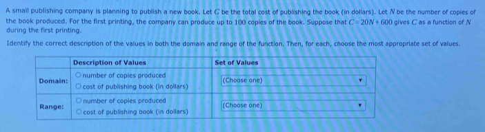 A small publishing company is planning to publish a new book. Let C be the total cost of publishing the book (in dollars). Let N be the number of copies of 
the book produced. For the first printing, the company can produce up to 100 copies of the book. Suppose that C=20N+600 gives C as a function of N
during the first printing. 
Identify the correct description of the values in both the domain and range of the function. Then, for each, choose the most appropriate set of values.