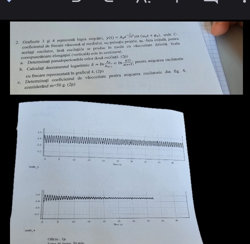 Graficele 3 şi 4 reprezintã legea mișcarii, y(t)=A_0e^(-frac c)mt sin (omega _Dt+phi _0) , unde C - 
coeficientul de frecare vascoasã al mediului, ma-pulsația proprie, 
acelagi oscilator, Insã oscilafille se produe în medii ou văscozitate diferitã. Scala u=-fa? ra initialã, pentru 
corespunzăloare elongaței (verticală) este in centimeuri, 
a. Determinați pseudoperioadele celor douã oscilați ( 20
b. Calculaţi decrementul logaritmic delta =ln frac A_nA_n+1=ln  A(t)/A(t+T)  pentru mișcarea oscilatorie 
cu frecare reprezentată in graficul 4, (2p) 
c. Determinați coeficientul de văscozitate pentru mișearea escilatorie din Gg, 4, 
considerand m=50 (2p)
1.
-4 D
44
2.2
5 10 :0 30 4
(
18
” 45
0 5 10 15 Tirec (s 
Graße_ 4
Oficiu : 1p.