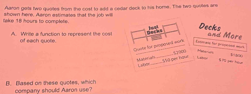 Aaron gets two quotes from the cost to add a cedar deck to his home. The two quotes are 
shown here. Aaron estimates that the job will 
take 18 hours to complete. 
Just 
Decks 
A. Write a function to represent the cost 
Decks 
and More 
of each quote. 
Quote for proposed work Estimate for proposed work 
Materials _ 52000 Matenals
$1800
Labor_ $50 per hour Labor
$70 per hout 
B. Based on these quotes, which 
company should Aaron use?