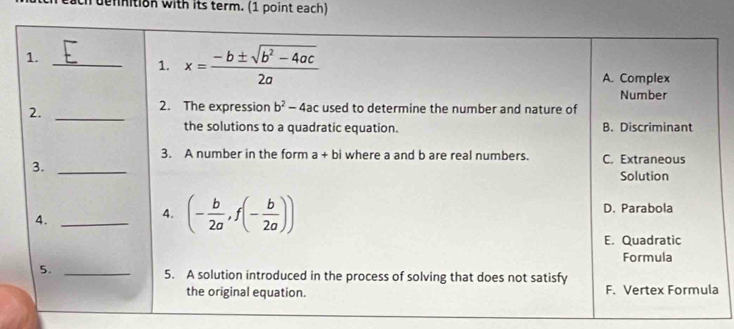 dennition with its term. (1 point each)